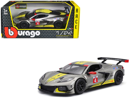 2020 Chevrolet Corvette C8.R #4 Silver Metallic with Yellow Stripes "Race" Series 1/24 Diecast Model Car by Bburago  free shipping USA