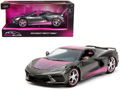 2020 Chevrolet Corvette Stingray Gray Metallic with Pink Carbon Hood and Top "Pink Slips" Series 1/24 Diecast Model Car by Jada  free shipping USA