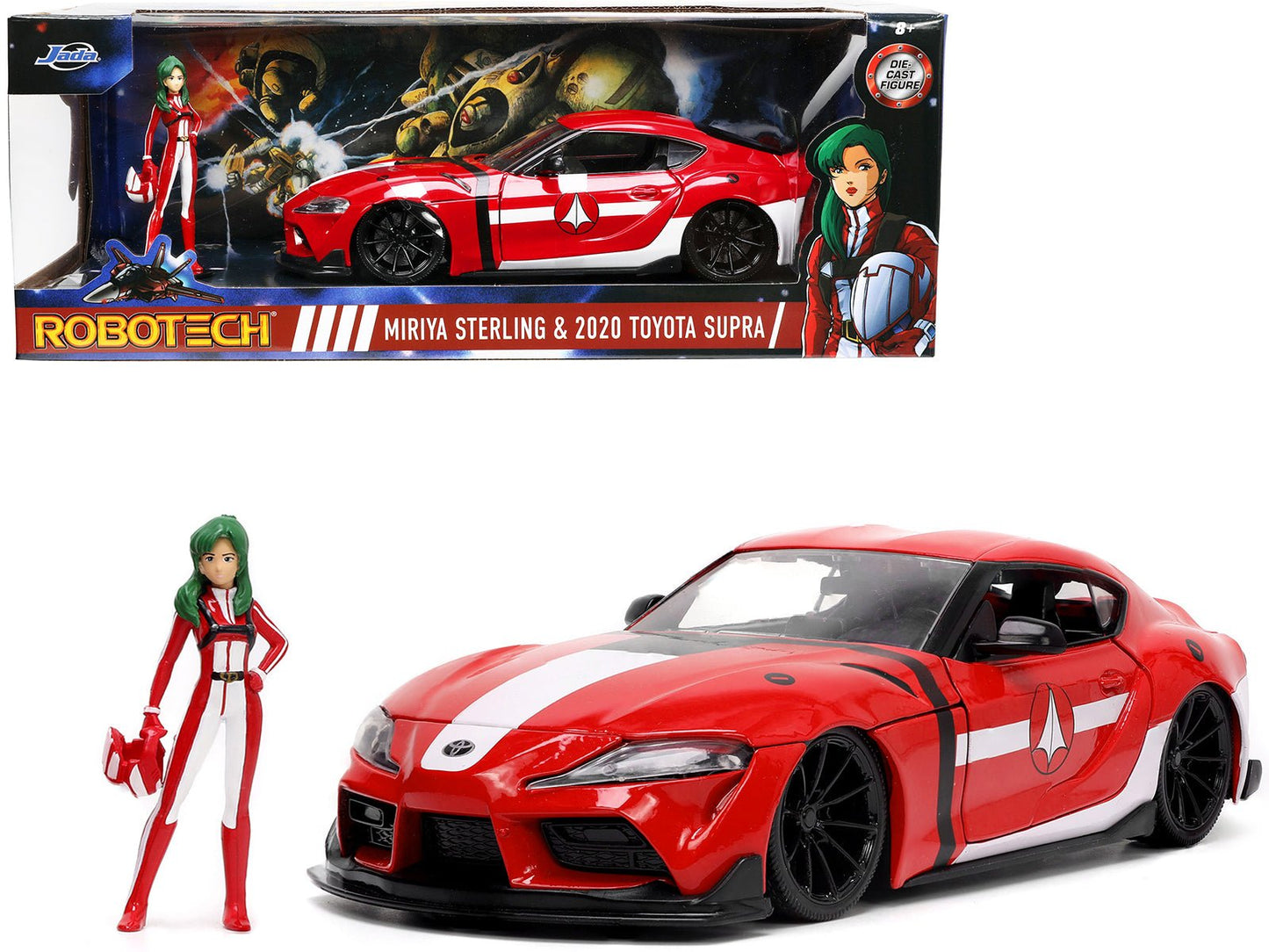 2020 Toyota Supra Red with Graphics and Miriya Sterling Diecast Figurine "Robotech" "Hollywood Rides" Series 1/24 Diecast Model Car by Jada  free shipping USA