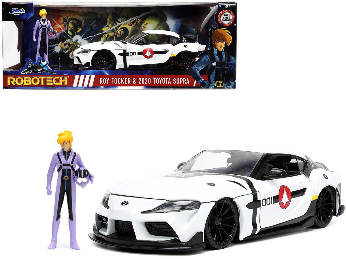 2020 Toyota Supra White and Roy Focker Diecast Figurine "Robotech" "Hollywood Rides" Series 1/24 Diecast Model Car by Jada  free shipping USA