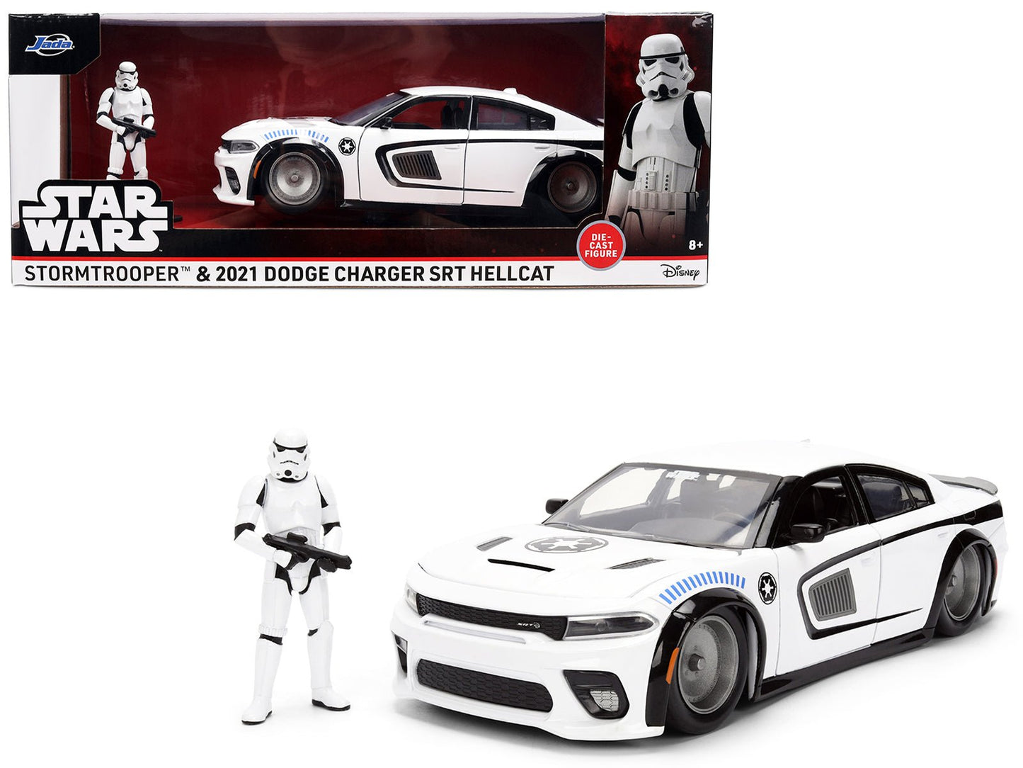 2021 Dodge Charger SRT Hellcat White with Graphics and Stormtrooper Figure "Star Wars" Franchise "Hollywood Rides" Series 1/24 Diecast Model Car by Jada  free shipping USA
