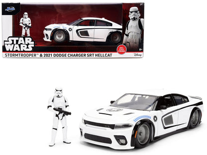2021 Dodge Charger SRT Hellcat White with Graphics and Stormtrooper Figure "Star Wars" Franchise "Hollywood Rides" Series 1/24 Diecast Model Car by Jada  free shipping USA