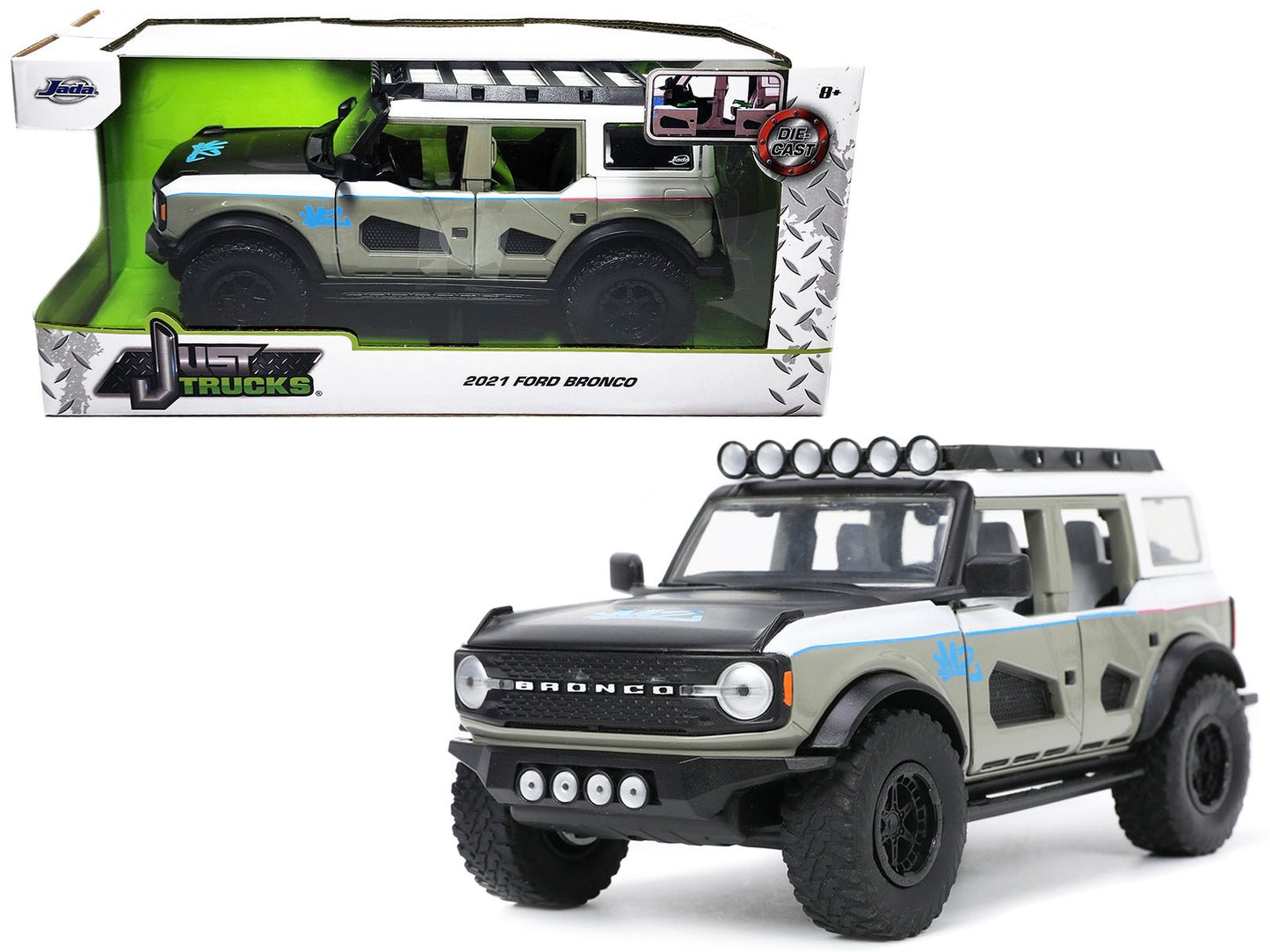 2021 Ford Bronco Gray and White with Matt Black Hood with Roof Rack "M2 Motoring" "Just Trucks" Series 1/24 Diecast Model Car by Jada  free shipping USA