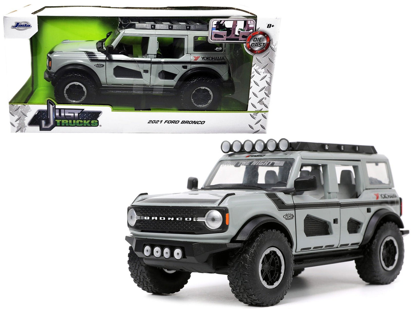 2021 Ford Bronco Gray with Black Stripes with Roof Rack "Own the Night" "Just Trucks" Series 1/24 Diecast Model Car by Jada  free shipping USA