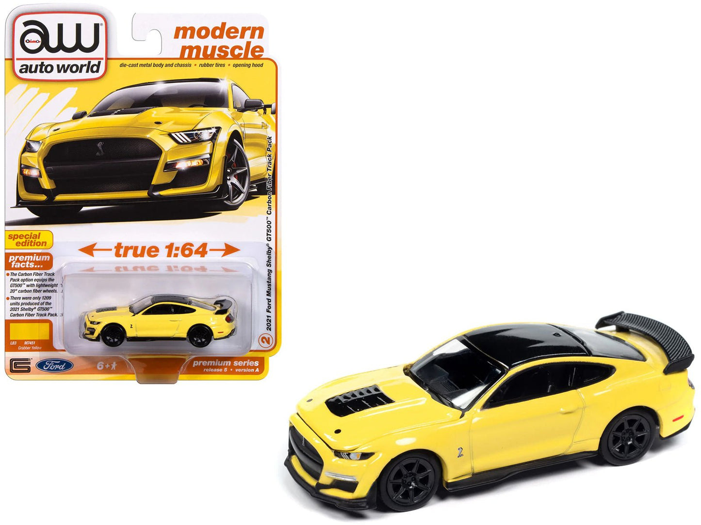 2021 Ford Mustang Shelby GT500 Carbon Fiber Track Pack Grabber Yellow with Black Top "Modern Muscle" Series 1/64 Diecast Model Car by Auto World  free shipping USA
