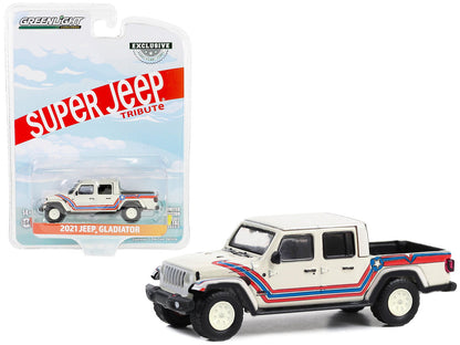 2021 Jeep Gladiator Pickup Truck "Super Jeep Tribute" White with Red and Blue Stripes "Hobby Exclusive" Series 1/64 Diecast Model Car by Greenlight  free shipping USA