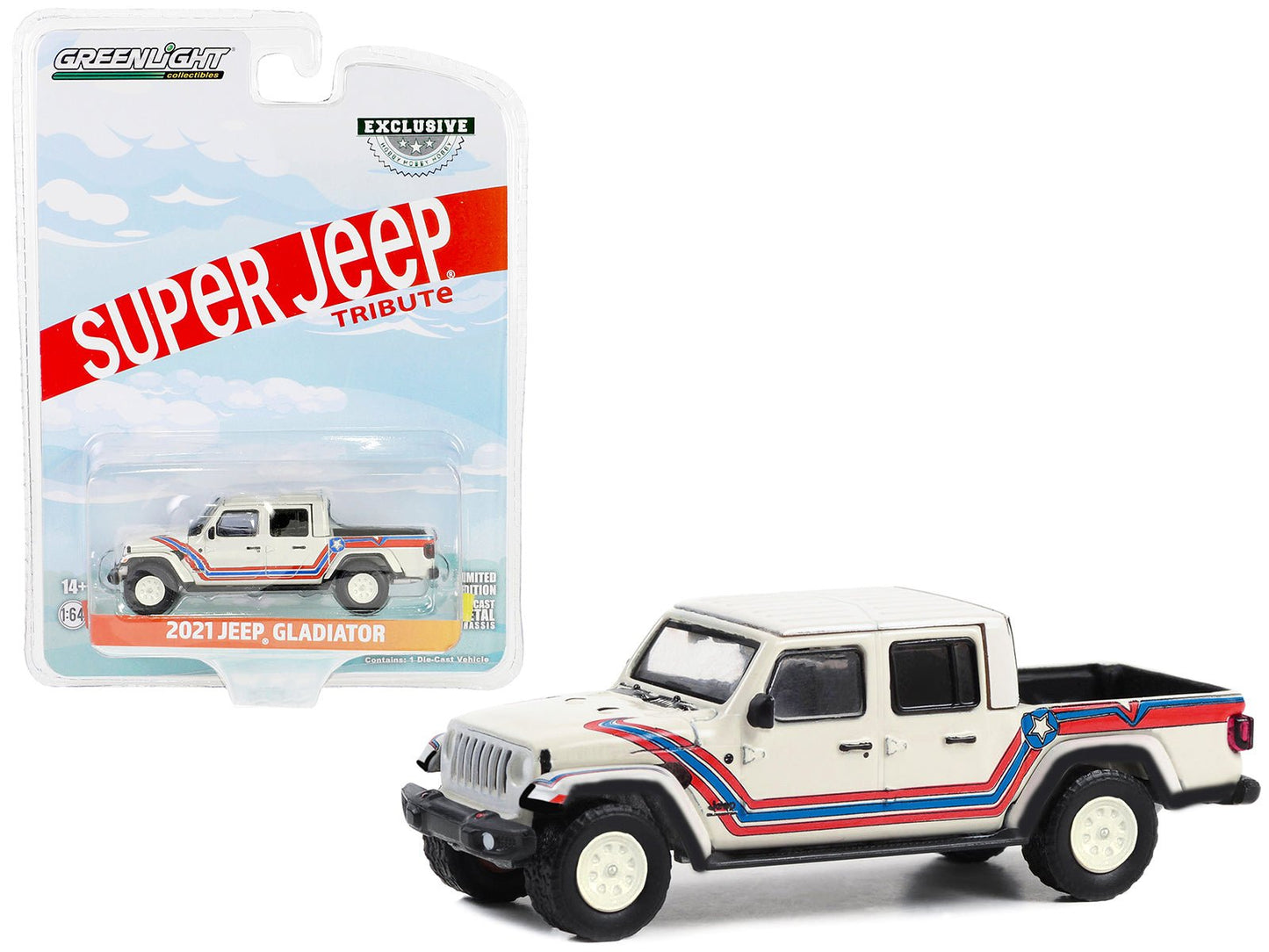 2021 Jeep Gladiator Pickup Truck "Super Jeep Tribute" White with Red and Blue Stripes "Hobby Exclusive" Series 1/64 Diecast Model Car by Greenlight  free shipping USA