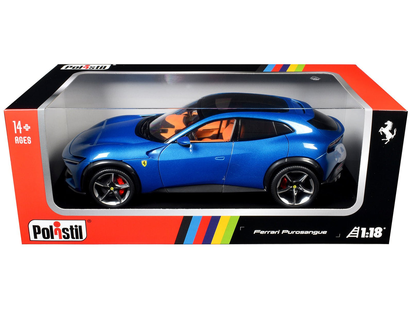 2022 Ferrari Purosangue Blu Corsa Blue Metallic with Black Top and Orange Interior 1/18 Diecast Model Car by Polistil  free shipping USA