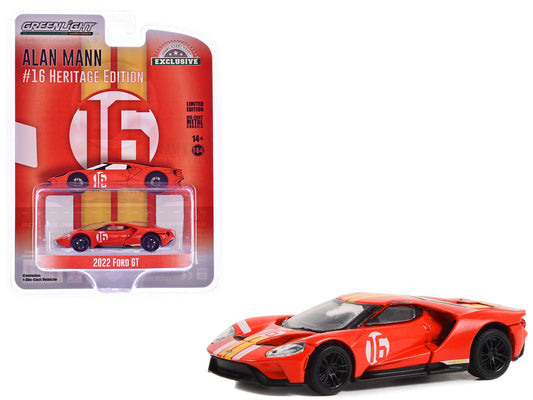 2022 Ford GT Heritage Edition #16 Alan Mann "1966 Ford AM GT-1 Prototype Tribute" Red with Stripes "Hobby Exclusive" Series 1/64 Diecast Model Car by Greenlight  free shipping USA