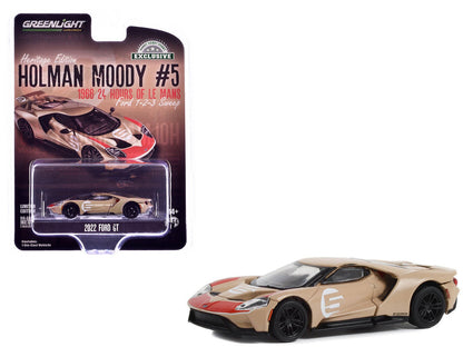 2022 Ford GT Heritage Edition #5 Holman-Moody "1966 24 Hours of Le Mans Ford 1-2-3 Sweep Tribute" Gold Metallic with Red Accents "Hobby Exclusive" Series 1/64 Diecast Model Car by Greenlight  free shipping USA