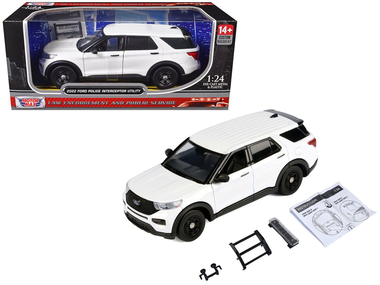 2022 Ford Police Interceptor Utility Unmarked White "Builder's Kit" "Law Enforcement and Public Service" Series 1/24 Diecast Model Car by Motormax  free shipping USA