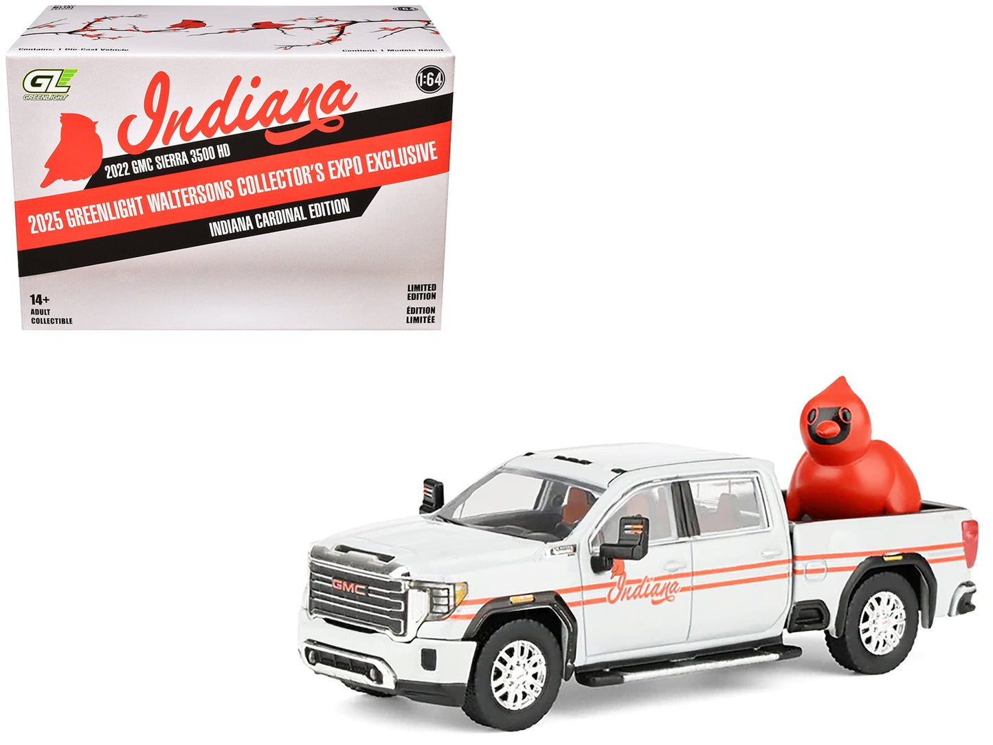 2022 GMC Sierra 3500 HD Pickup Truck "Indiana Cardinals" Silver Metallic with Red Stripes and Cardinal Figure "2025 Greenlight Waltersons Collector's Expo Exclusive" 1/64 Diecast Model Car by Greenlight  free shipping USA