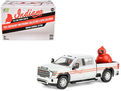 2022 GMC Sierra 3500 HD Pickup Truck "Indiana Cardinals" Silver Metallic with Red Stripes and Cardinal Figure "2025 Greenlight Waltersons Collector's Expo Exclusive" 1/64 Diecast Model Car by Greenlight  free shipping USA