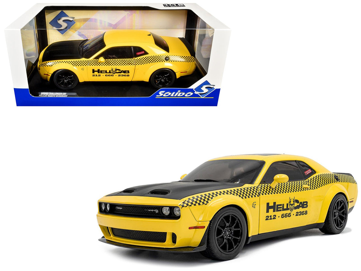 2023 Dodge Challenger SRT Hellcat Redeye Widebody Taxi "NYC Hellcab" Yellow with Black Hood and Graphics 1/18 Diecast Model Car by Solido  free shipping USA