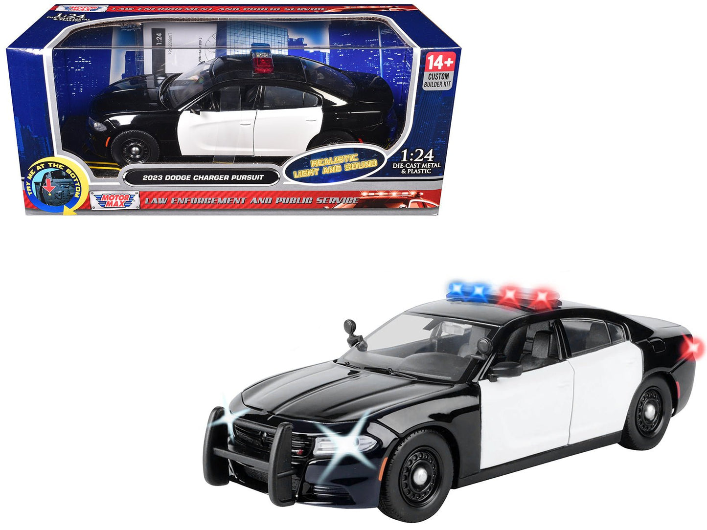 2023 Dodge Charger Pursuit Police Car Black and White with Flashing Light Bar Front and Rear Lights and 2 Sounds "Builder's Kit" 1/24 Diecast Model Car by Motormax  free shipping USA