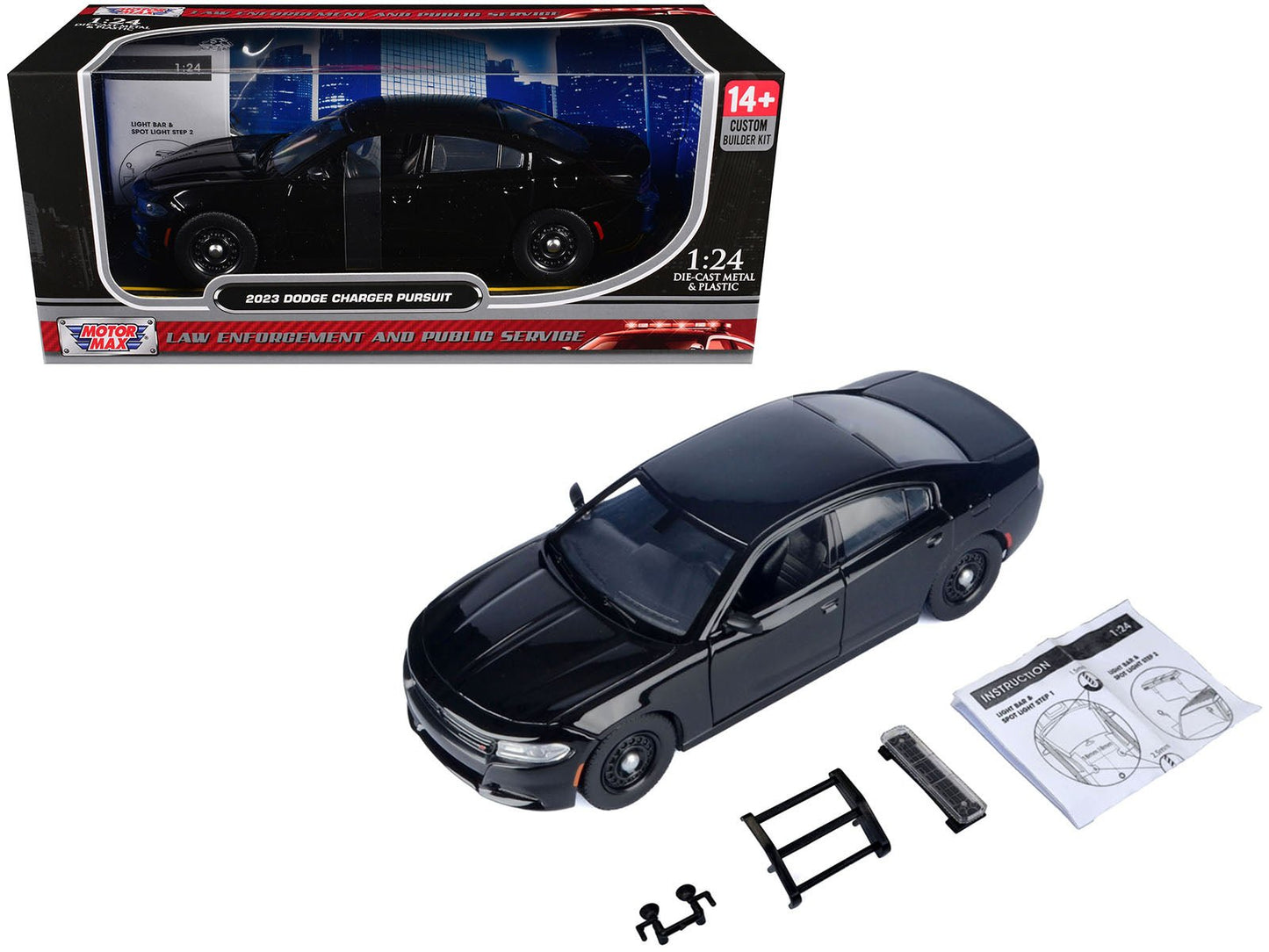 2023 Dodge Charger Pursuit Police Car Black "Custom Builder's Kit - Law Enforcement and Public Service" Series 1/24 Diecast Model Car by Motormax  free shipping USA
