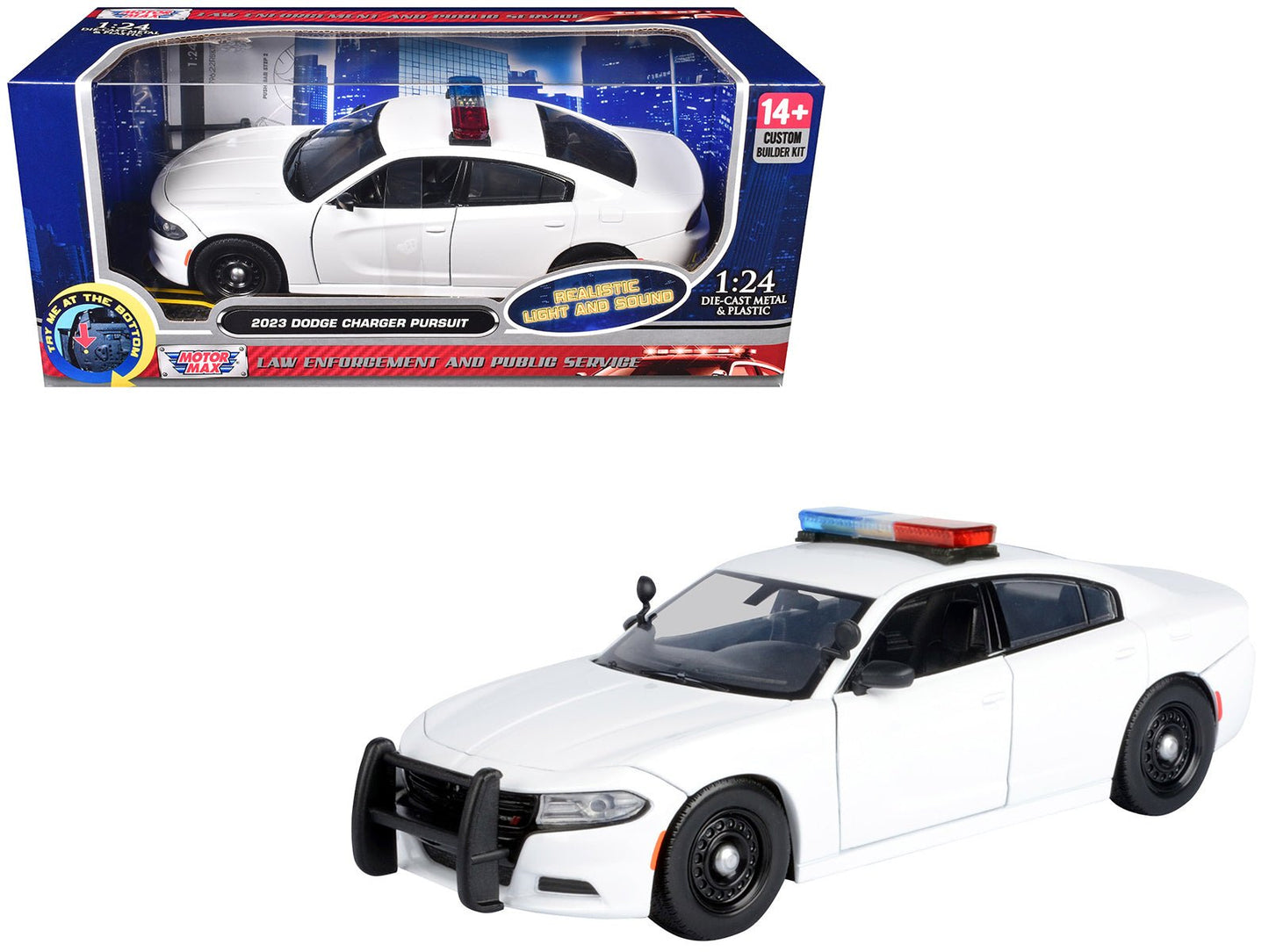 2023 Dodge Charger Pursuit Police Car Unmarked White with Flashing Light Bar Front and Rear Lights and 2 Sounds "Builder's Kit" 1/24 Diecast Model Car by Motormax  free shipping USA