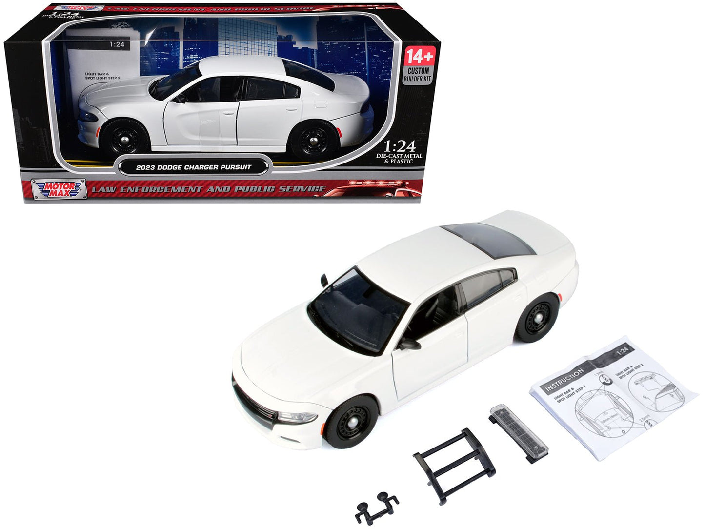 2023 Dodge Charger Pursuit Police Car White "Custom Builder's Kit - Law Enforcement and Public Service" Series 1/24 Diecast Model Car by Motormax  free shipping USA
