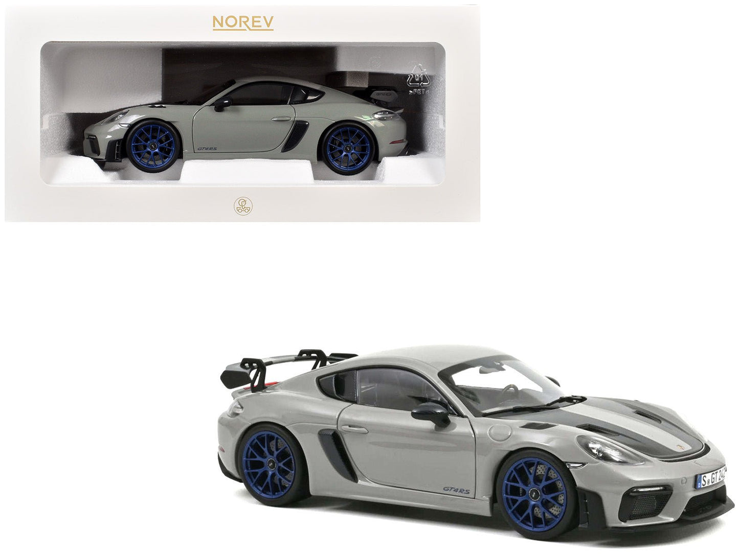 2023 Porsche Cayman GT4 RS Weissach Pack Chalk Gray with Carbon Hood Stripes 1/18 Diecast Model Car by Norev  free shipping USA