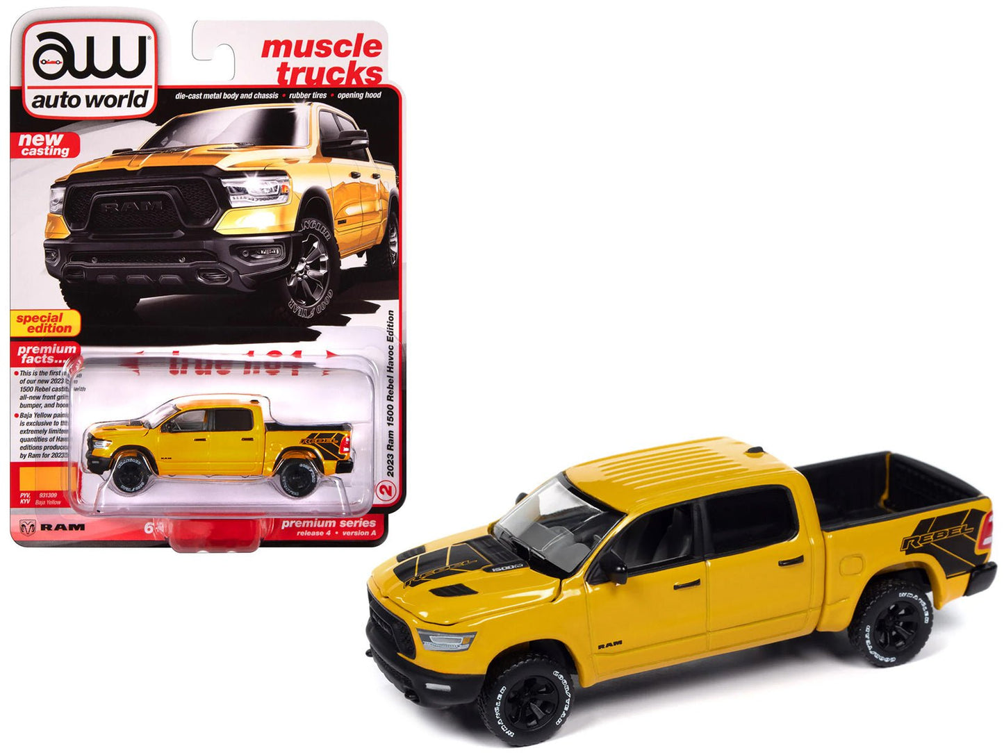 2023 Ram 1500 Rebel Havoc Edition Pickup Truck Baja Yellow "Muscle Trucks" Series 1/64 Diecast Model Car by Auto World  free shipping USA