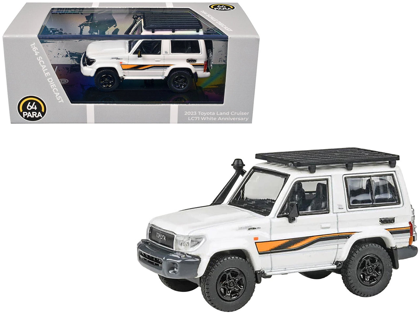 2023 Toyota Land Cruiser 71 White "70th Anniversary" with Stripes and Roofrack 1/64 Diecast Model Car by Paragon Models  free shipping USA