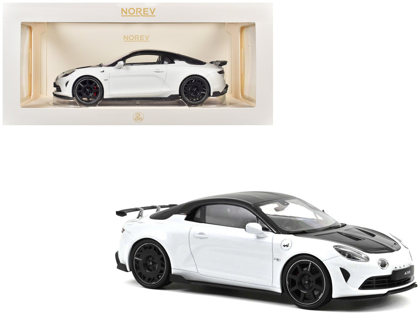 2024 Alpine A110 R Pearl White Metallic with Carbon Hood and Top 1/18 Diecast Model Car by Norev  free shipping USA