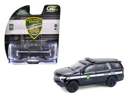 2024 Chevrolet Tahoe Police Pursuit Vehicle "Dover Police – 100th Anniversary Edition" Black with White Stripes "Hobby Exclusive" Series 1/64 Diecast Model Car by Greenlight  free shipping USA