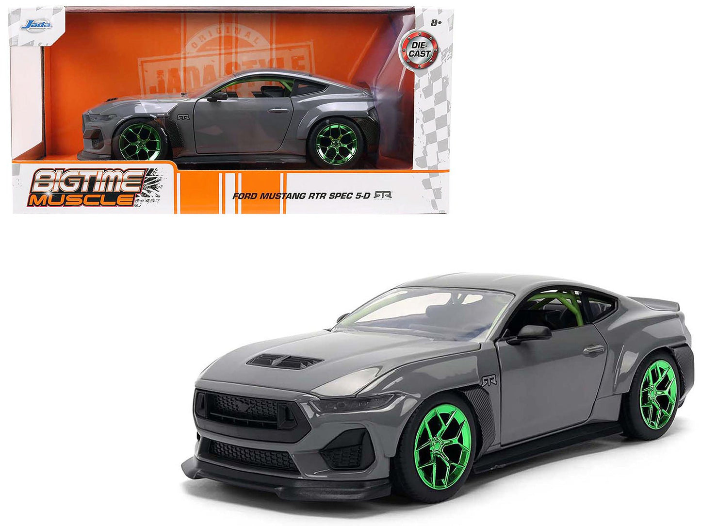 2024 Ford Mustang RTR Gray with Green Wheels "Bigtime Muscle" Series 1/24 Diecast Model Car by Jada  free shipping USA