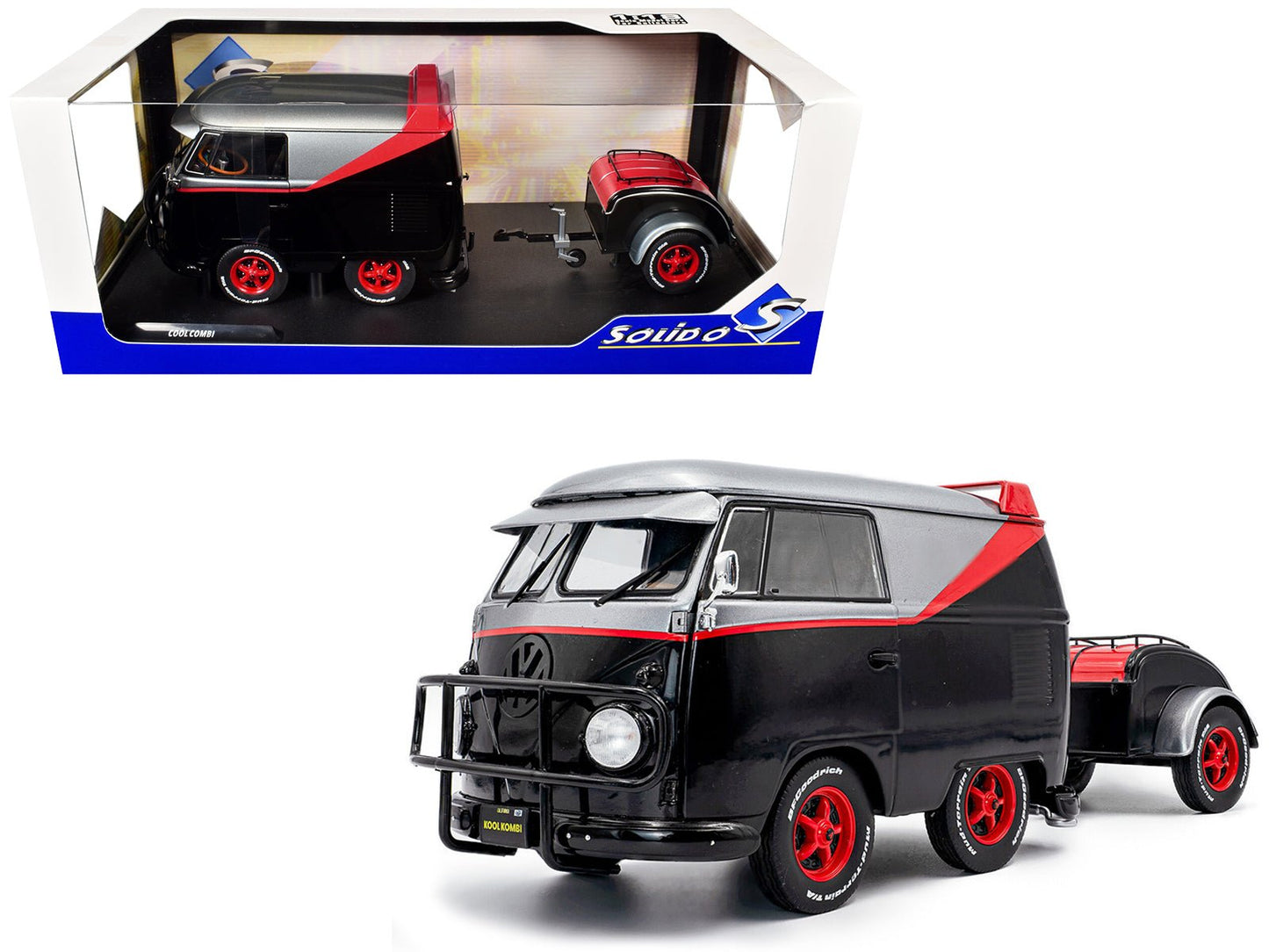 2024 Volkswagen Kool Kombi Sport Van with Trailer Black and Silver with Red Stripe 1/18 Diecast Model Car by Solido  free shipping USA