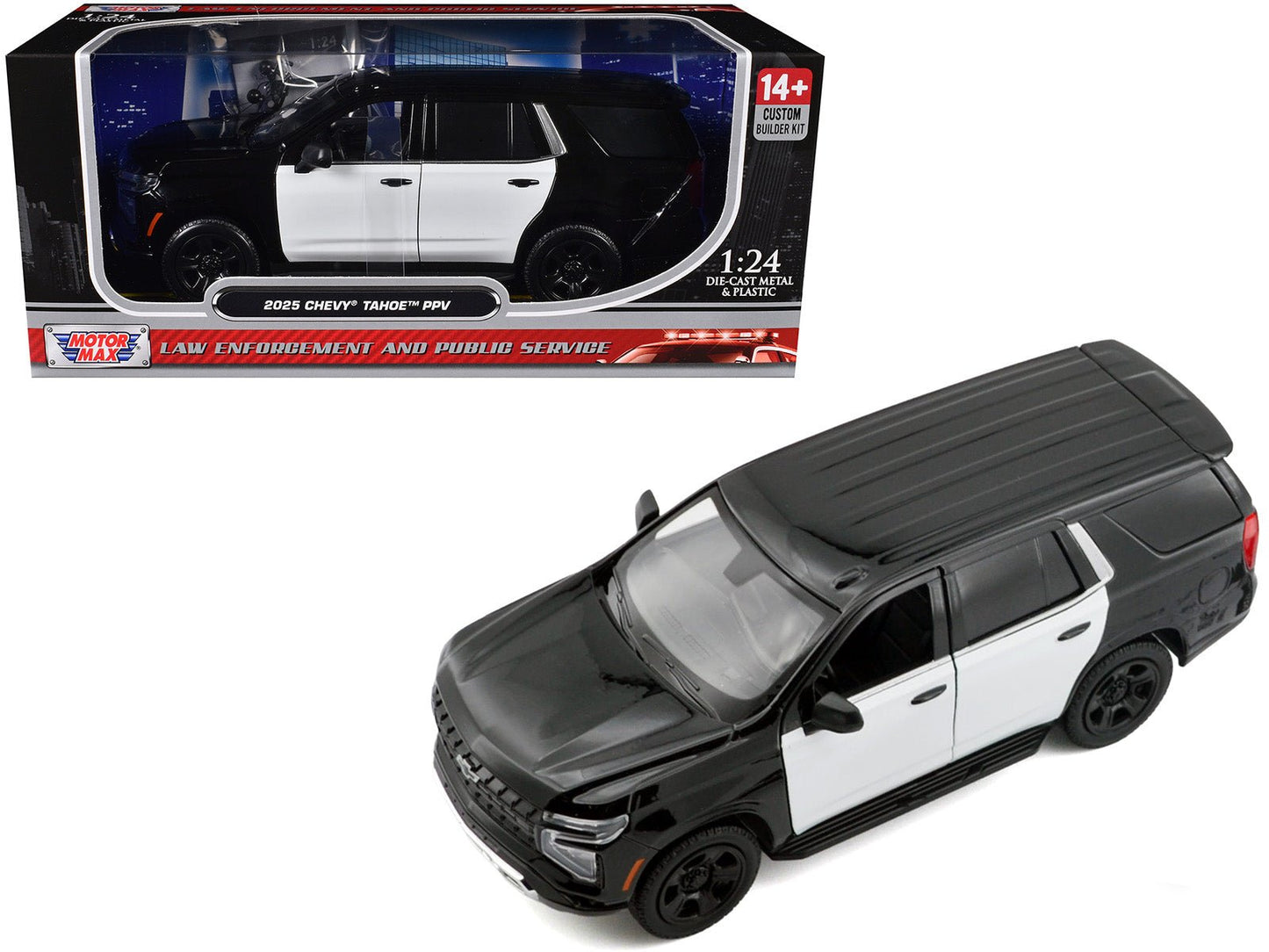 2025 Chevrolet Tahoe PPV Black and White "Custom Builder's Kit - Law Enforcement and Public Service" Series 1/24 Diecast Model Car by Motormax  free shipping USA