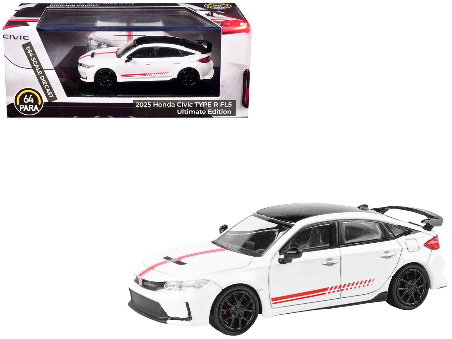 2025 Honda Civic Type R FL5 "Ultimate Edition" White with Red Stripes and Black Top 1/64 Diecast Model Car by Paragon  free shipping USA