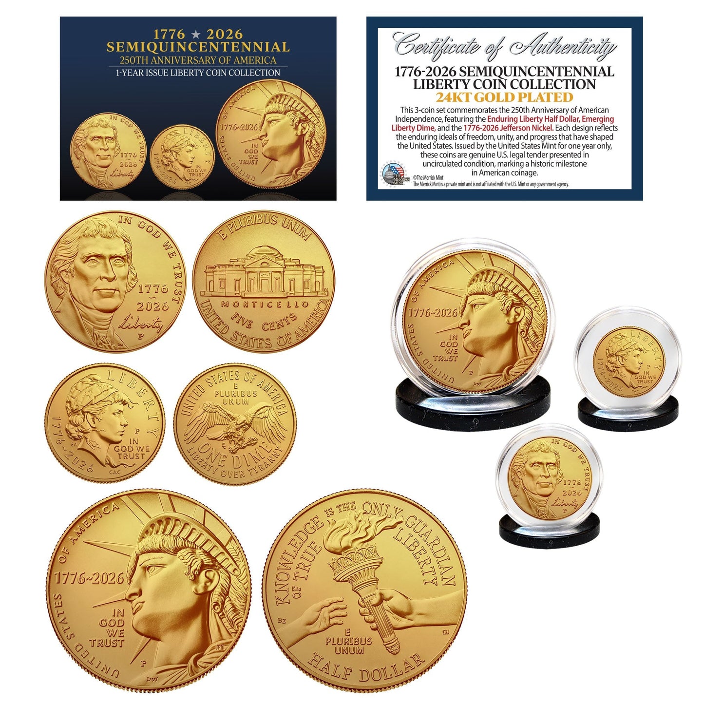 (P-MINT) 1776–2026 Semiquincentennial Liberty 3-Coin Set 24KT Gold Plated – USA 250th Collector's Edition