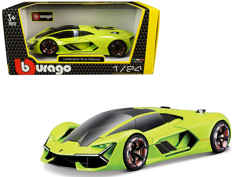 Lamborghini Terzo Millennio Lime Green with Black Top and Carbon Accents 1/24 Diecast Model Car by Bburago  free shipping USA