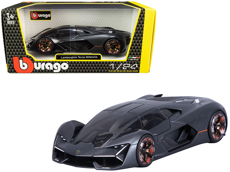 Lamborghini Terzo Millennio Dark Gray Metallic with Black Top and Carbon Accents 1/24 Diecast Model Car by Bburago  free shipping USA