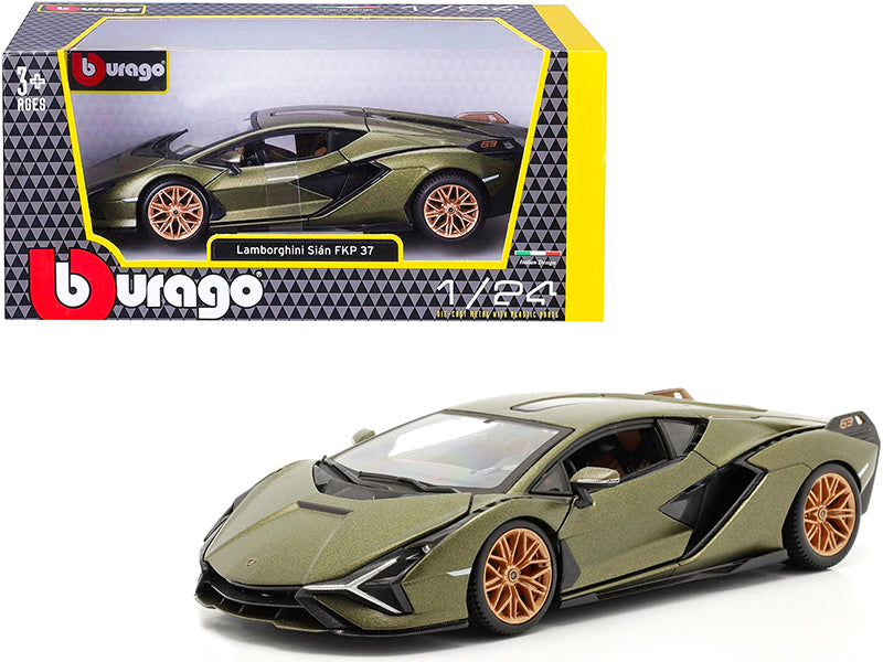Lamborghini Sian FKP 37 Matt Green Metallic with Copper Wheels 1/24 Diecast Model Car by Bburago  free shipping USA