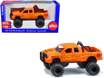Ram 1500 Pickup Truck Lifted with Balloon Tires Orange with Flames 1/50 Diecast Model by Siku  free shipping USA