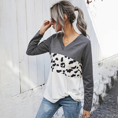 Shiny Leopard Color Block V-Neck Twisted Tee