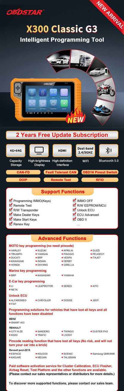2 Year Update OBDSTAR X300 Classic G3 A1+A2 (KEY MASTER G3) Key Programmer and Key Sim 5 In 1 Key Simulator and Motorcycle Kits