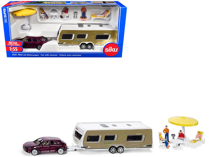 Porsche Macan Turbo Maroon Metallic and Dethleffs Exclusiv Emotion Caravan with Figures and Camp Accessories Set 1/55 Diecast Model by Siku  free shipping USA