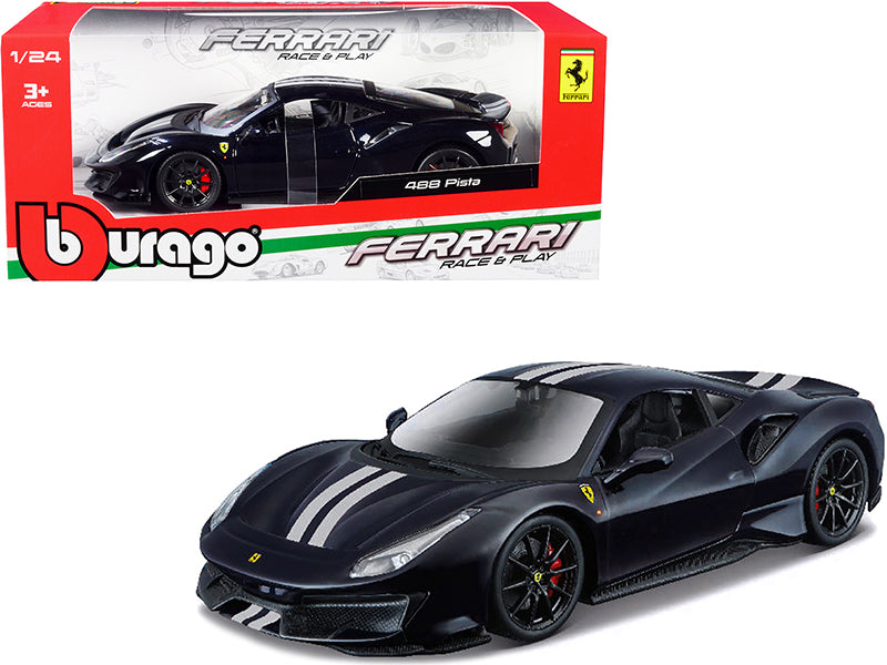 Ferrari 488 Pista Dark Blue Metallic with Silver Stripes 1/24 Diecast Model Car by Bburago  free shipping USA