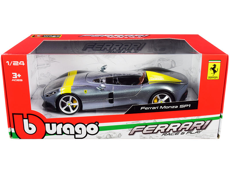Ferrari Monza SP1 Silver Metallic with Yellow Stripes 1/24 Diecast Model Car by Bburago  free shipping USA