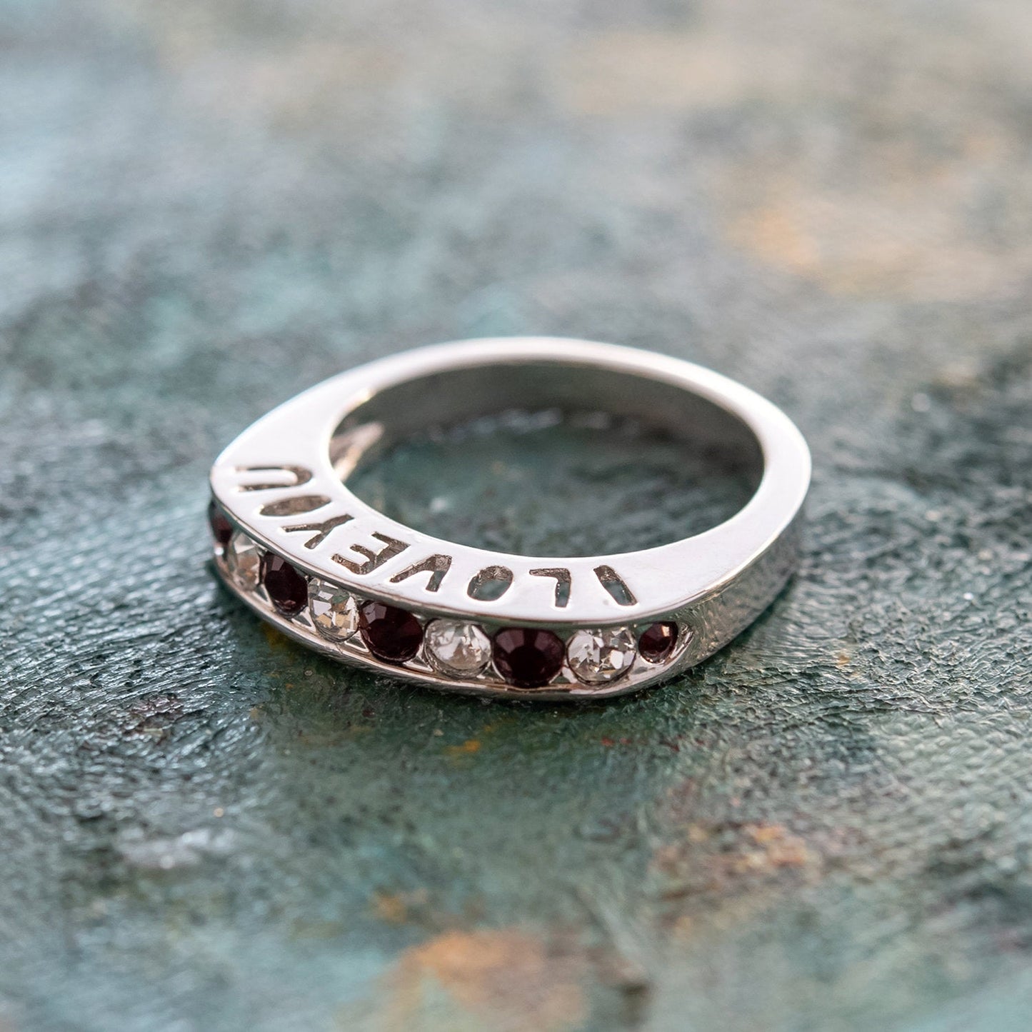 Vintage 1980s I Love You Ring Band Ring Garnet and Clear Austrian Crystals Imported by PVD Vintage Jewelry