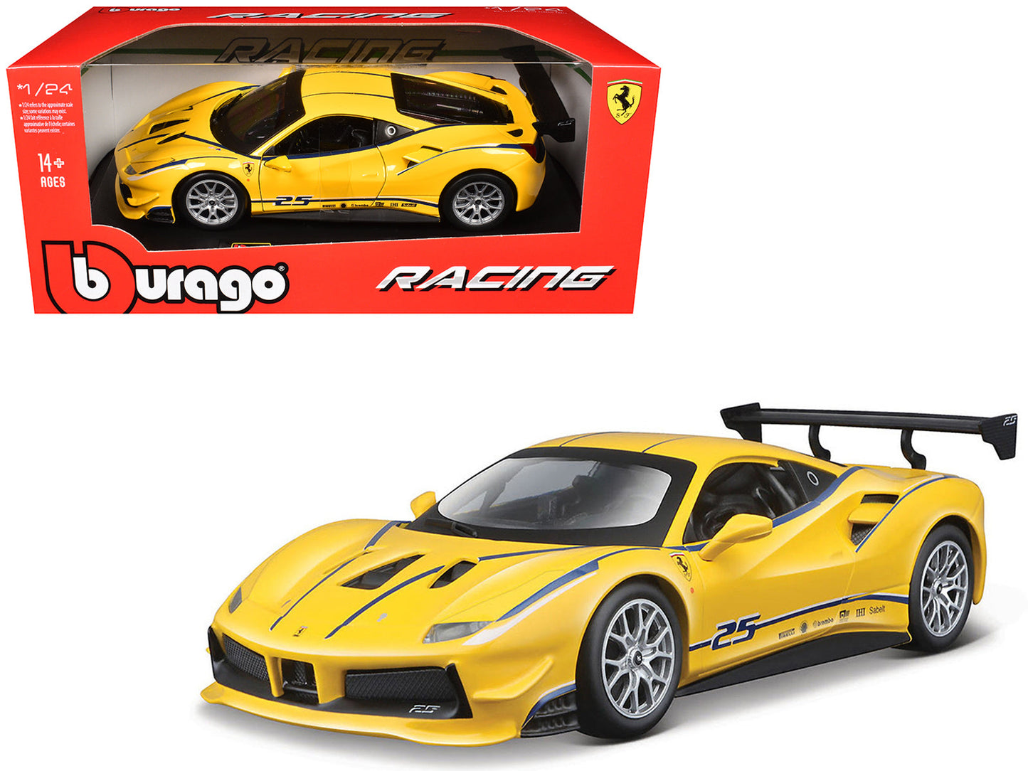 Ferrari 488 Challenge #25 Yellow with Blue Stripes "Ferrari Racing" 1/24 Diecast Model Car by Bburago  free shipping USA