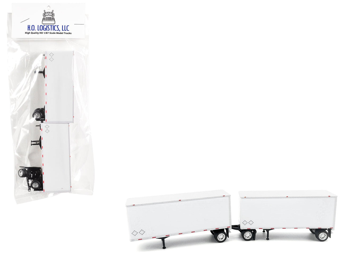 28' Dry Van Double Pup Trailers White Set of 2 pieces 1/87 (HO) Scale Plastic Model by HO Logistics  free shipping USA