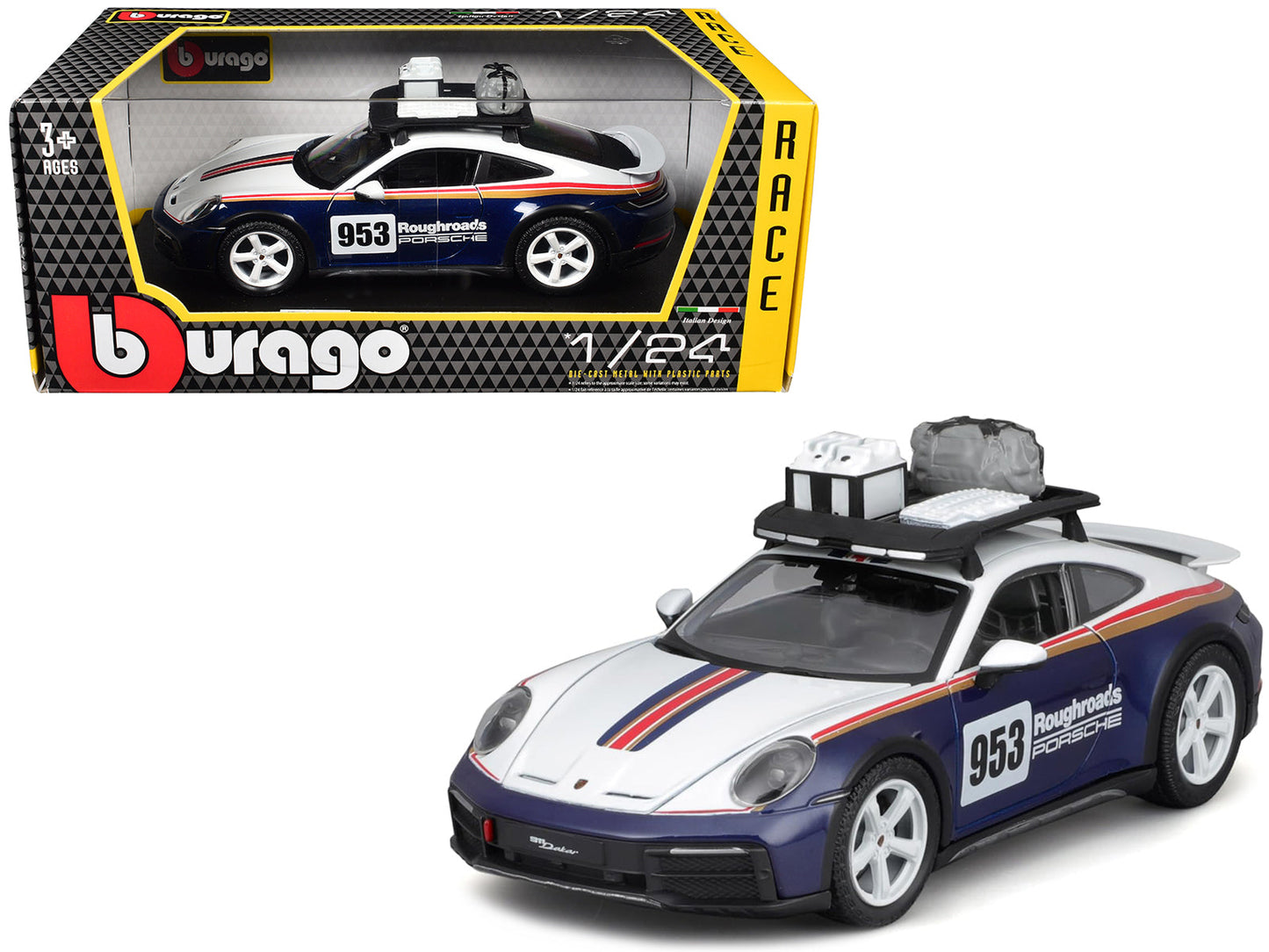 Porsche 911 Dakar #953 "Roughroads Porsche" Blue and White with Stripes and Roof Rack "Race" Series 1/24 Diecast Model Car by Bburago  free shipping USA