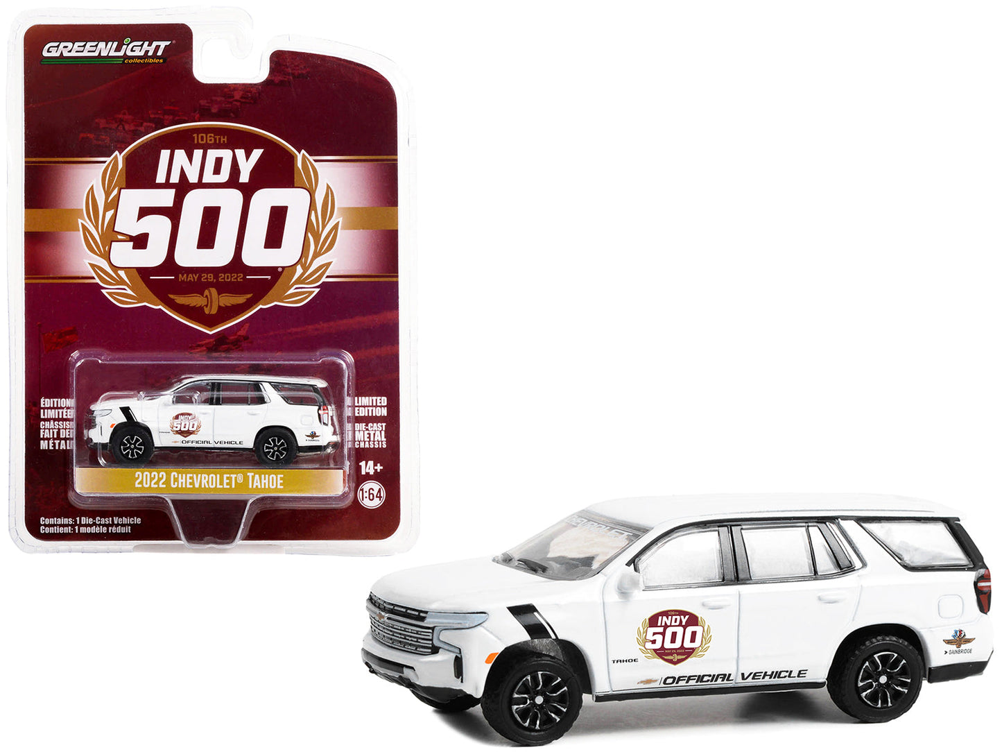 2022 Chevrolet Tahoe White "106th Running of the Indianapolis 500 Official Vehicle" (2022) "Anniversary Collection" Series 15 1/64 Diecast Model Car by Greenlight  free shipping USA