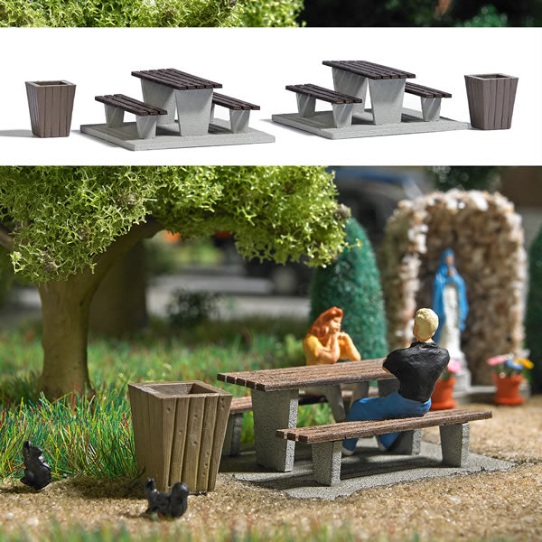 Busch 7729 HO Scale Picnic Area -- 2 Concrete Tables w/Benches, 2 Garbage Cans