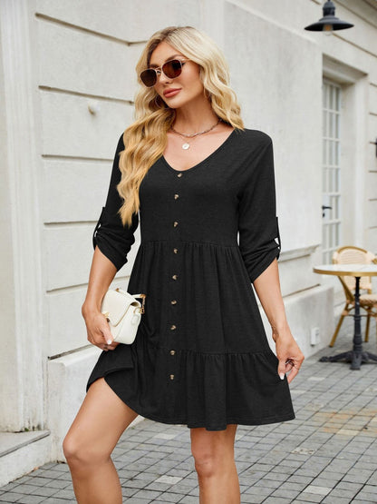 Tiered Ruched V-Neck Mini Dress
