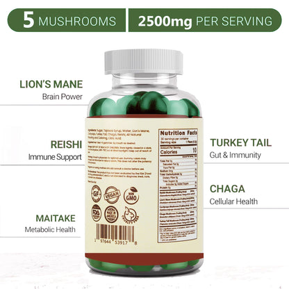 Premium Organic Mushroom Multi-Complex Gummies 5 in 1, Chaga, Lion's Mane, Reishi, Turkey Tail, Maitake by Live Unbound