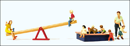 Preiser 10587 HO Scale Pedestrians Children at Play pkg(8) w/Seesaw